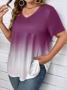SHEIN LUNE Camiseta de ombré de cuello V - Morado - Ver 1