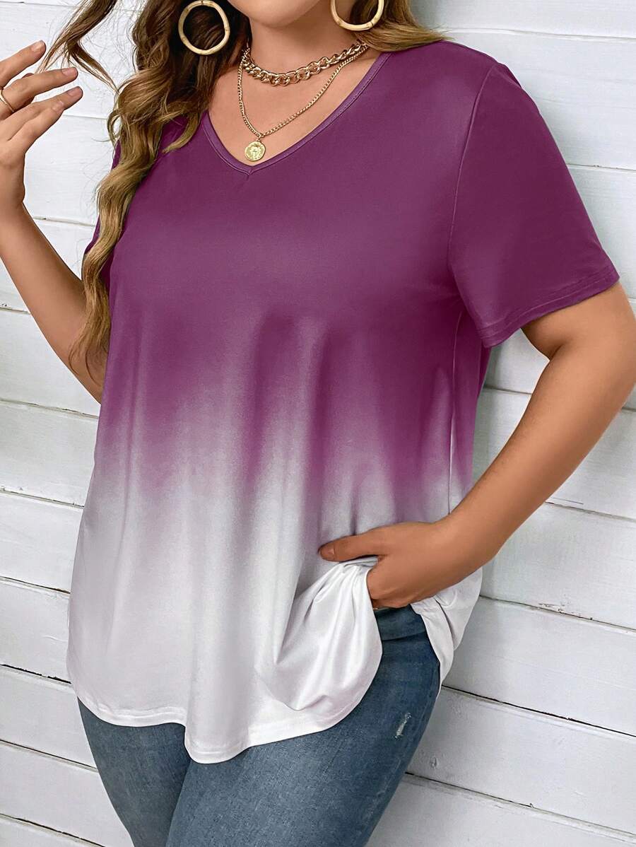 SHEIN LUNE Camiseta de ombré de cuello V - Morado - Ver 1
