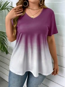 SHEIN LUNE Camiseta de ombré de cuello V - Morado - Ver 3