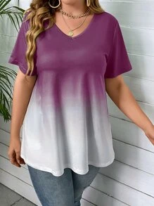 SHEIN LUNE Camiseta de ombré de cuello V - Morado - Ver 5