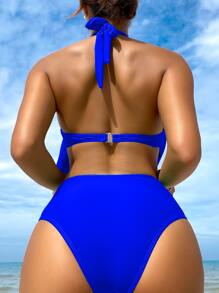 SHEIN Swim Summer Beach Solid Tankini Set Draped Halter Top & Ruched High Waisted Hipster Bottom 2 Piece Bathing Suit - Blue - View 2