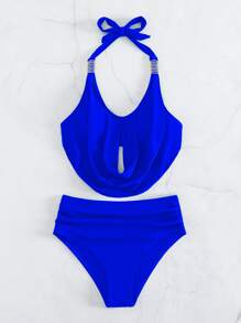 SHEIN Swim Summer Beach Solid Tankini Set Draped Halter Top & Ruched High Waisted Hipster Bottom 2 Piece Bathing Suit - Blue - View 4