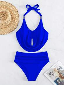 SHEIN Swim Summer Beach Solid Tankini Set Draped Halter Top & Ruched High Waisted Hipster Bottom 2 Piece Bathing Suit - Blue - View 5