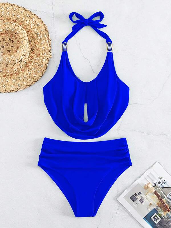 SHEIN Swim Vcay Solid Tankini Set Draped Halter Top & Ruched High Waisted Hipster Bottom 2 Piece