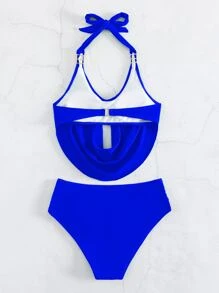 SHEIN Swim Summer Beach Solid Tankini Set Draped Halter Top & Ruched High Waisted Hipster Bottom 2 Piece Bathing Suit - Blue - View 6