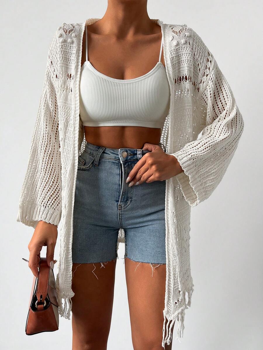 Cottnline Open Knit Fringe Hem Drop Shoulder Kimono, For Summer Beach Vacation - White - View 1
