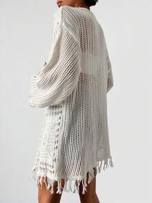 Cottnline Open Knit Fringe Hem Drop Shoulder Kimono, For Summer Beach Vacation - White - View 2