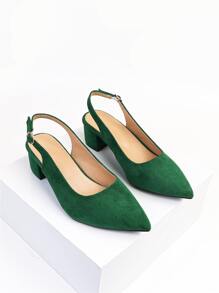 Women Point Toe Chunky Heeled Wide Fit Slingback Pumps, Fashionable Outdoor Faux Suede Pumps - Green - View 1