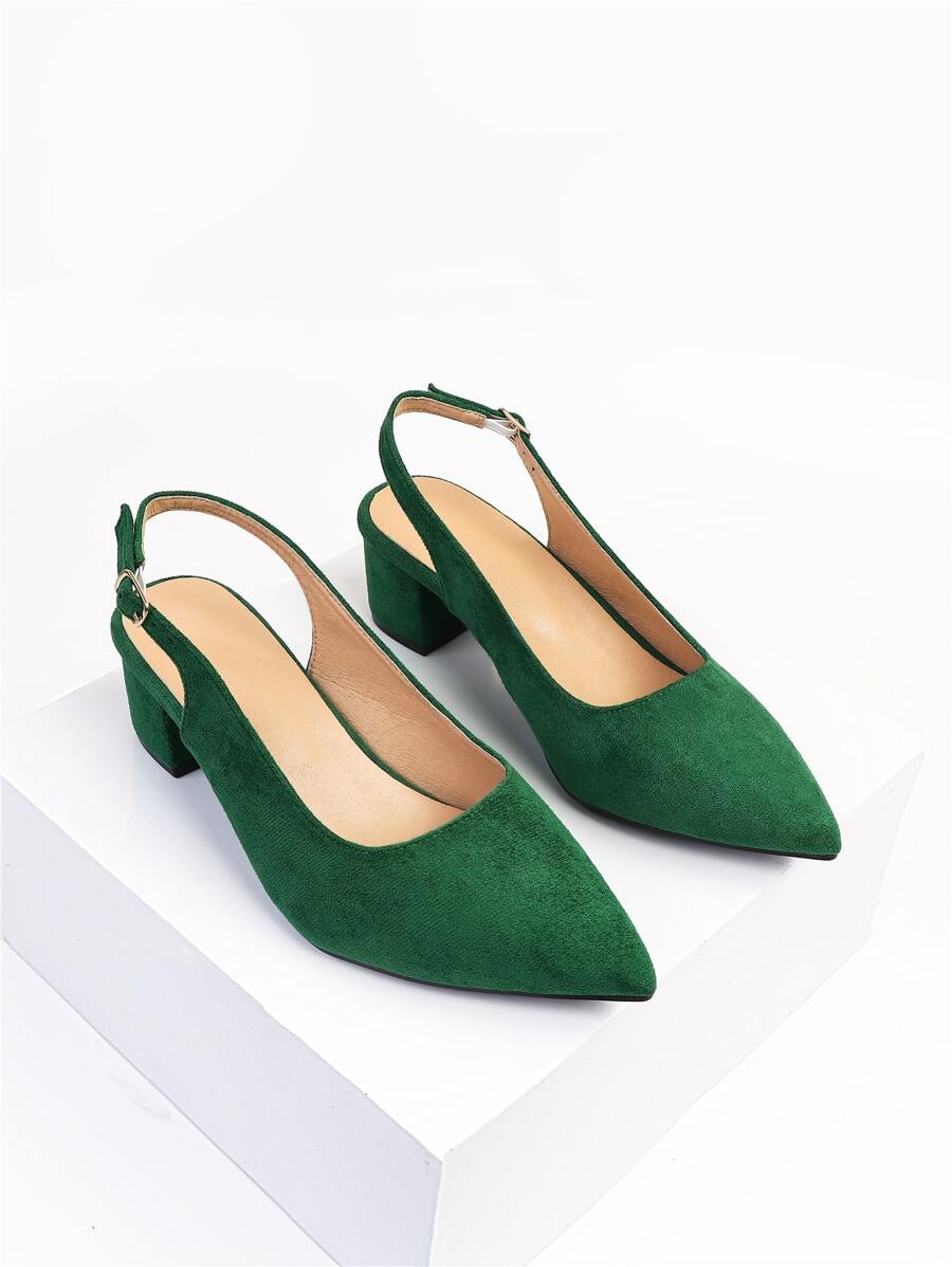 Women Point Toe Chunky Heeled Wide Fit Slingback Pumps, Fashionable Outdoor Faux Suede Pumps - Green - View 1