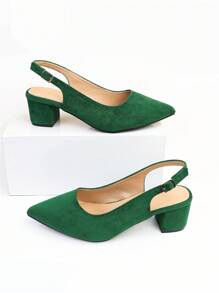 Women Point Toe Chunky Heeled Wide Fit Slingback Pumps, Fashionable Outdoor Faux Suede Pumps - Green - View 2