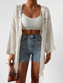 Cottnline Open Knit Fringe Hem Drop Shoulder Kimono, For Summer Beach Vacation - White - View 3