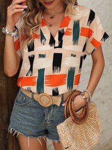 SHEIN LUNE 筆刷圖案蝙蝠袖襯衫 - 彩色 - 查看 2