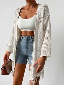 Cottnline Open Knit Fringe Hem Drop Shoulder Kimono, For Summer Beach Vacation - White - View 4