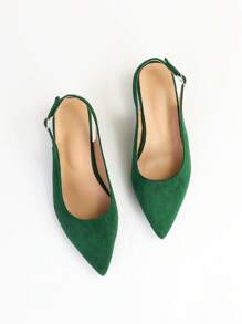 Women Point Toe Chunky Heeled Wide Fit Slingback Pumps, Fashionable Outdoor Faux Suede Pumps - Green - View 4