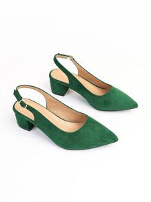 Women Point Toe Chunky Heeled Wide Fit Slingback Pumps, Fashionable Outdoor Faux Suede Pumps - Green - View 5