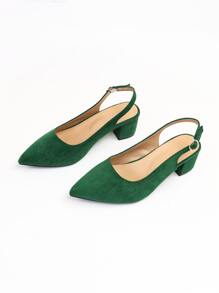 Women Point Toe Chunky Heeled Wide Fit Slingback Pumps, Fashionable Outdoor Faux Suede Pumps - Green - View 6