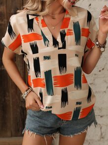 SHEIN LUNE 筆刷圖案蝙蝠袖襯衫 - 彩色 - 查看 5