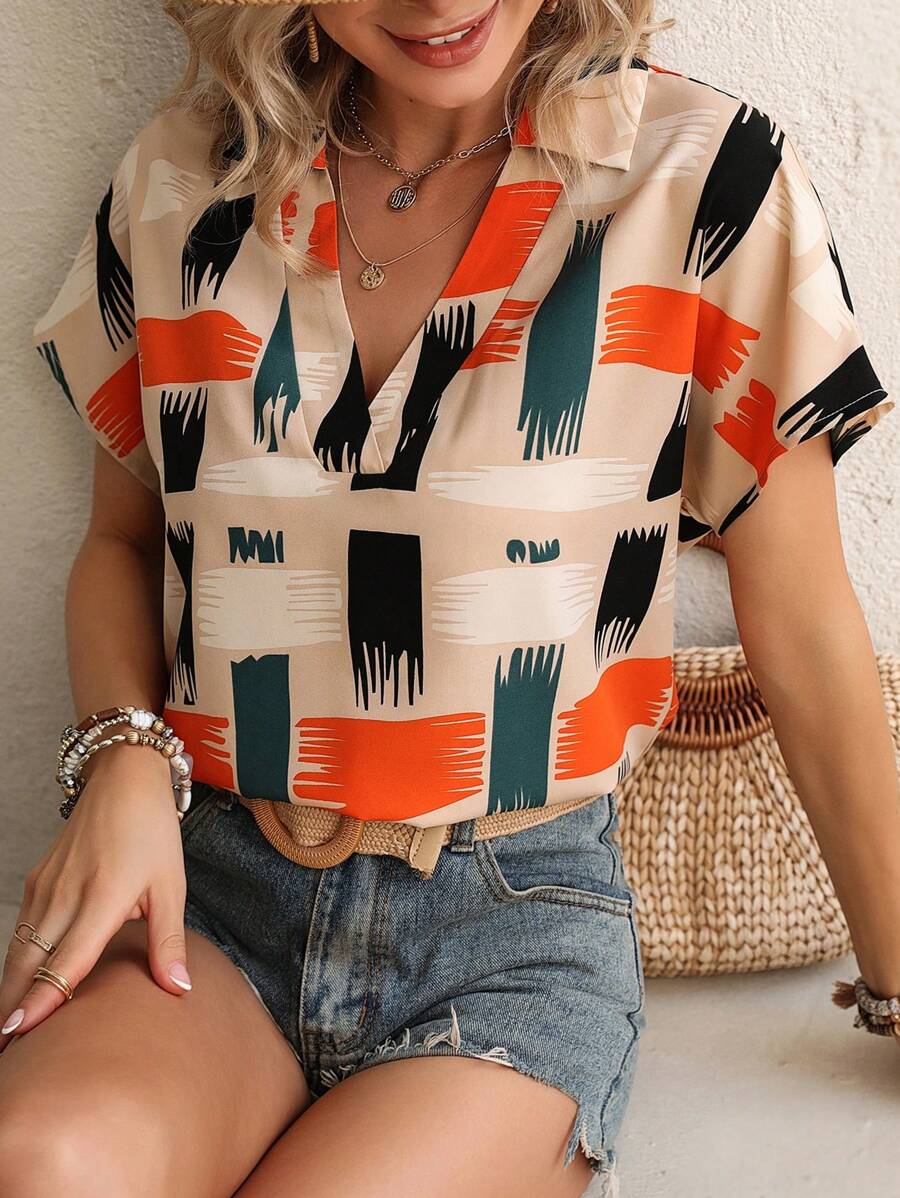 SHEIN LUNE 筆刷圖案蝙蝠袖襯衫 - 彩色 - 查看 1