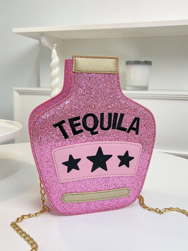 Mini Novelty Bag Sequin Decor Letter & Star Graphic Pink , Pefect Best