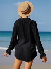 Swim Vcay Summer Beach Solid Button Front Cover Up Set - Black - View 2