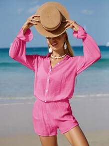 Swim Mod Summer Beach Solid Button Front Cover Up Set