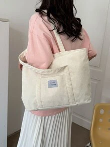 Corduroy Large Capacity Solid Color Minimalist Tote Bag School Tote Bag, School Bookbag, Portable, Foldable, Business Casual, Suitable For Teen Girls Women College Students, Teacher, Rookies & White-Collar Workers College, Vacation, Beach, Holiday, Shopping, Large School Tote Bag, Multiple Compartments, Perfect For Beach, School, Work & Daily Use, Literary School Bag For Teens, Book Bag For Women Or Students, Perfect For Books, Shopping, Back To School And More, School Supplies, School Bag, School Handbag, Back To School Bags, Lightweight, Classic Casual, Perfect For Back To School, First Day Of School, Middle School, High School, Perfectly Matching With Fall Outfits Women - Beige - View 3