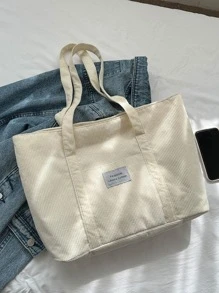 Corduroy Large Capacity Solid Color Minimalist Tote Bag School Tote Bag, School Bookbag, Portable, Foldable, Business Casual, Suitable For Teen Girls Women College Students, Teacher, Rookies & White-Collar Workers College, Vacation, Beach, Holiday, Shopping, Large School Tote Bag, Multiple Compartments, Perfect For Beach, School, Work & Daily Use, Literary School Bag For Teens, Book Bag For Women Or Students, Perfect For Books, Shopping, Back To School And More, School Supplies, School Bag, School Handbag, Back To School Bags, Lightweight, Classic Casual, Perfect For Back To School, First Day Of School, Middle School, High School, Perfectly Matching With Fall Outfits Women - Beige - View 7