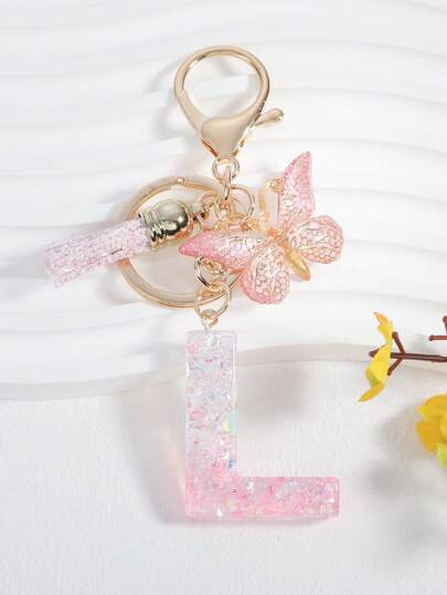1入組女士蝴蝶和字母吊墜時尚鑰匙圈適用於鑰匙裝飾用品