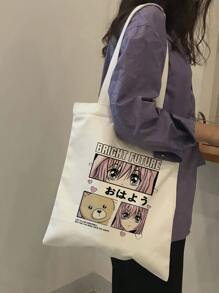 女孩头像英文字母时尚印花设计单肩包，女士帆布手提包，休闲手提包，购物包，学生包，工作包，礼品包书包，大容量，经典休闲，便携，适合少女女大学生，非常适合返校、购物、初中、高中、大学 - 米色 - 查看 1