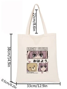 女孩头像英文字母时尚印花设计单肩包，女士帆布手提包，休闲手提包，购物包，学生包，工作包，礼品包书包，大容量，经典休闲，便携，适合少女女大学生，非常适合返校、购物、初中、高中、大学 - 米色 - 查看 5