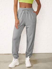 SHEIN BASICS Terry Fleece  Solid Drawstring Waist Slant Pocket Sweatpants - Grey - View 1