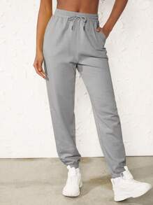 SHEIN BASICS Terry Fleece  Solid Drawstring Waist Slant Pocket Sweatpants - Grey - View 3