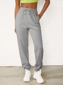 SHEIN BASICS Terry Fleece  Solid Drawstring Waist Slant Pocket Sweatpants - Grey - View 4