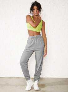 SHEIN BASICS Terry Fleece  Solid Drawstring Waist Slant Pocket Sweatpants - Grey - View 6