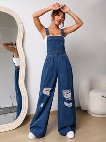 SHEIN EZwear Quần yếm & áo liền quần denim dành cho nữ Túi Bị tách màu trơn Giải trí - Rửa tối - Xem 1