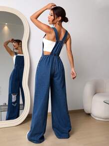 SHEIN EZwear Quần yếm & áo liền quần denim dành cho nữ Túi Bị tách màu trơn Giải trí - Rửa tối - Xem 2