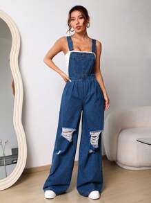 SHEIN EZwear Quần yếm & áo liền quần denim dành cho nữ Túi Bị tách màu trơn Giải trí - Rửa tối - Xem 3