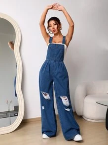 SHEIN EZwear Quần yếm & áo liền quần denim dành cho nữ Túi Bị tách màu trơn Giải trí - Rửa tối - Xem 4