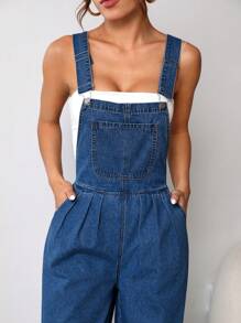 SHEIN EZwear Quần yếm & áo liền quần denim dành cho nữ Túi Bị tách màu trơn Giải trí - Rửa tối - Xem 5