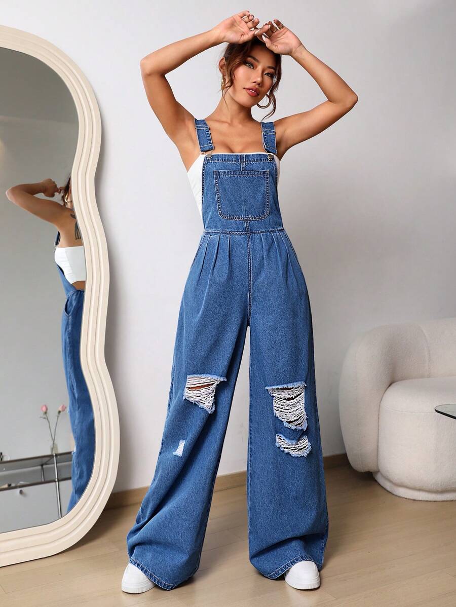SHEIN EZwear Ripped Wide Leg Denim Dungarees Without Tube Top - Medium Wash - View 1