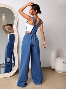 SHEIN EZwear Ripped Wide Leg Denim Dungarees Without Tube Top - Medium Wash - View 2