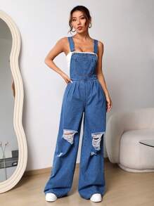 SHEIN EZwear Ripped Wide Leg Denim Dungarees Without Tube Top - Medium Wash - View 3
