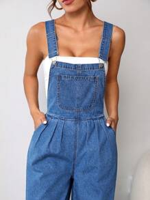 SHEIN EZwear Ripped Wide Leg Denim Dungarees Without Tube Top - Medium Wash - View 5