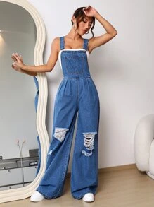 SHEIN EZwear Ripped Wide Leg Denim Dungarees Without Tube Top - Medium Wash - View 6