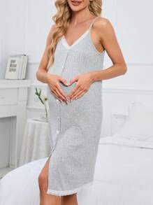 SHEIN Maternity Lace Trim Button Front Cami Nightdress - Light Grey - View 5