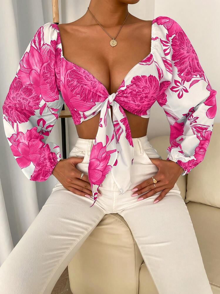SHEIN Privé Floral Print Knot Front Crop Top - Hot Pink - View 1