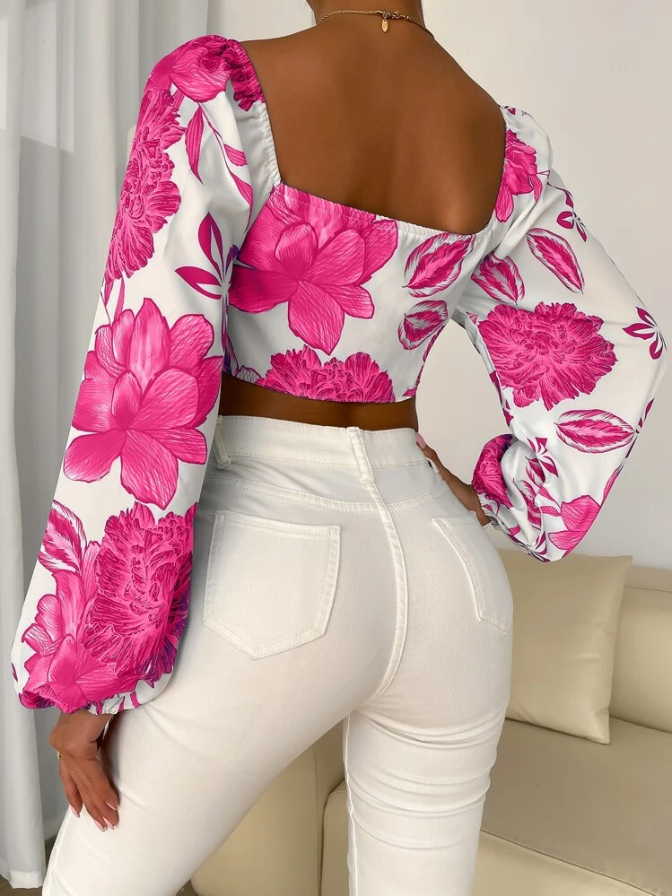 SHEIN Privé Floral Print Knot Front Crop Top - Hot Pink - View 2