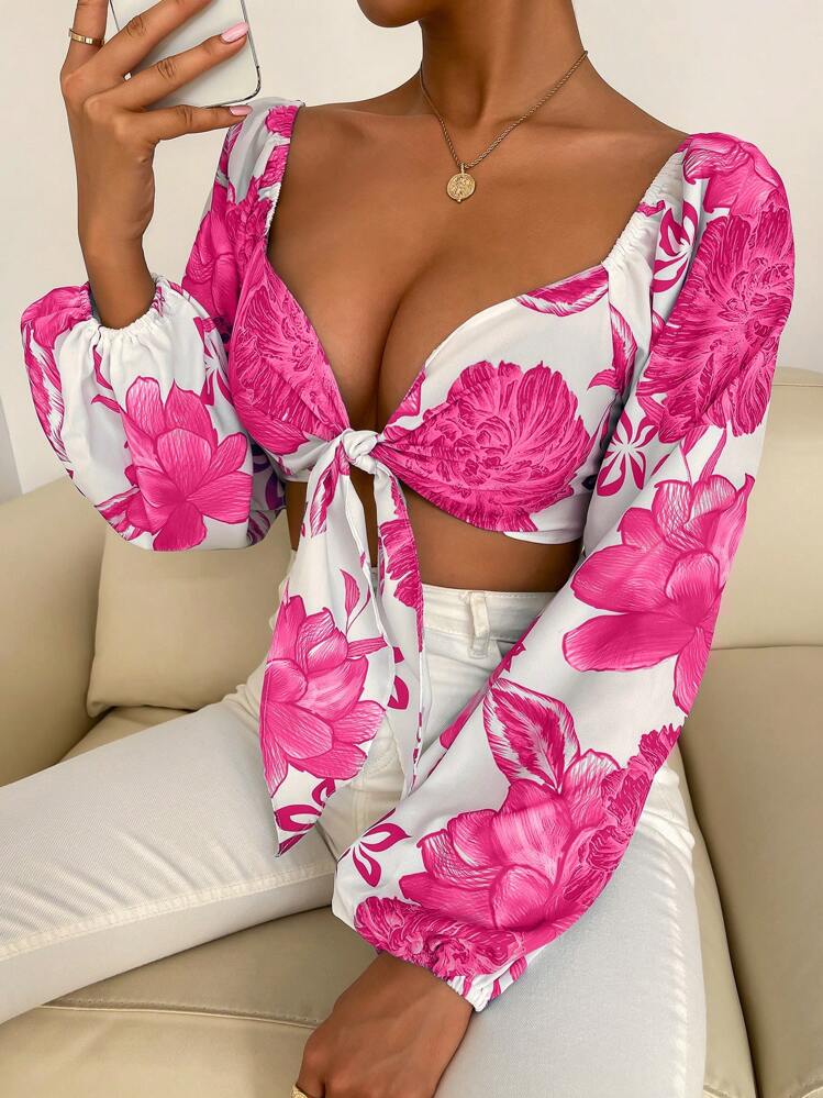 SHEIN Privé Floral Print Knot Front Crop Top - Hot Pink - View 3
