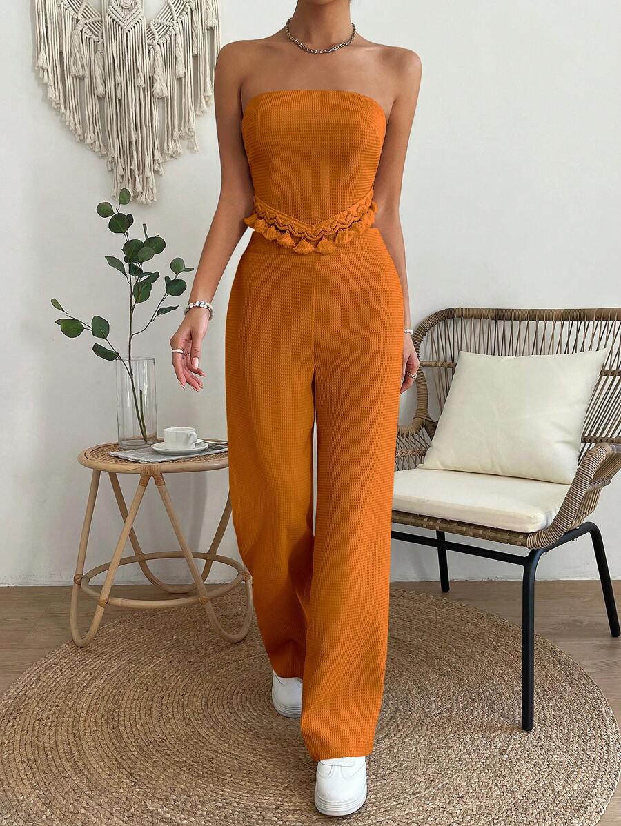 SHEIN Essnce Fringe Trim Tube Top & Trousers - Orange - View 1
