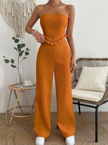 SHEIN Essnce Fringe Trim Tube Top & Trousers - Orange - View 5